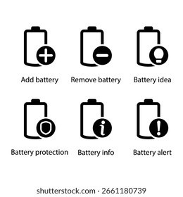 Añadir, quitar, idea, protección, información de la batería, alerta de batería, icono