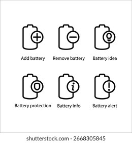Añadir, quitar, idea, protección, información de la batería, alerta de la batería, icono, icono de línea Conjunto