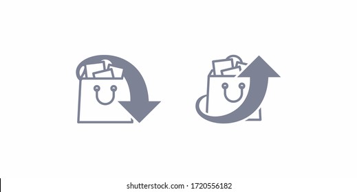Add and remove products from shopping bag icon set, Shopping bag icon with arrow inside and outside, Buy vector sign, Shopping bag icon