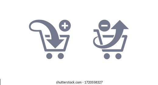 Add And Remove Products From Shopping Cart Icon Set, Shopping Cart Icon With Arrow Inside And Outside, Buy Vector Sign, Shopping Cart Icon