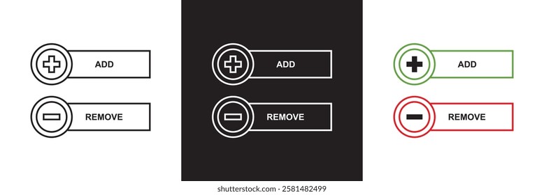 Add and remove round button icons. Plus minus circular web element icon.  isolated on white and black background. vector illustration. EPS 10