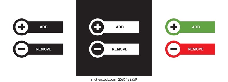 Add and remove round button icons. Plus minus circular web element icon.  isolated on white and black background. vector illustration. EPS 10