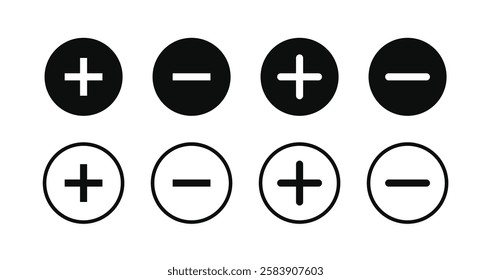 Add and remove round button icons with plus and minus symbols. Circular web elements for UI, apps, and websites. Clean vector illustration.