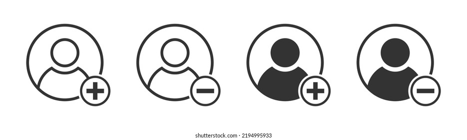 Add and remove user icons. Person icons with plus and minus symbols. Vector illustration.