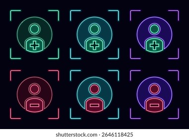 Add remove user symbol set, cyber neon visual, glowing border grid vector.