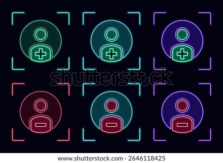 Add remove user symbol set, cyber neon visual, glowing border grid vector.