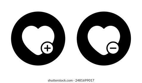 Add and remove wishlist, favorite icon on black circle. Love with plus and minus sign symbol