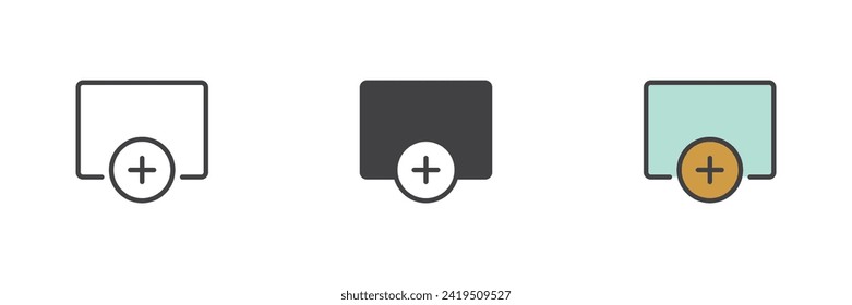 Add row different style icon set. Line, glyph and filled outline colorful version, outline and filled vector sign. Document and plus Symbol, logo illustration. Vector graphics