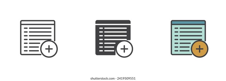 Añadir a la programación un conjunto de iconos de estilo diferente. Línea, glifo y contorno relleno versión colorida, contorno y signo vectorial relleno. Además con la lista Símbolo, ilustración del logotipo. Gráficos vectoriales