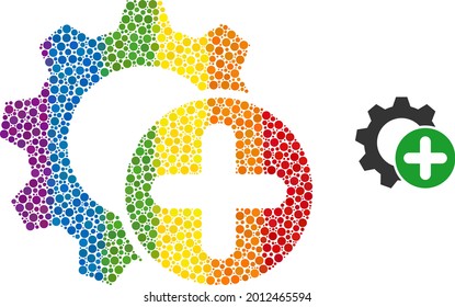Add settings gear collage icon of round dots in variable sizes and rainbow colored color hues. A dotted LGBT-colored add settings gear for lesbians, gays, bisexuals, and transgenders.
