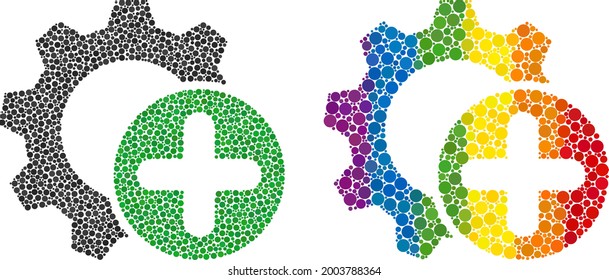 Add settings gear mosaic icon of filled circles in different sizes and spectrum colorful color hues. A dotted LGBT-colored add settings gear for lesbians, gays, bisexuals, and transgenders.