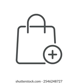 Agregar a Agregado Icono de la bolsa de compras con símbolo Plus, adición de Carrito en línea, estilo de línea simple, venta al por menor minimalista y Ilustración vectorial de compra