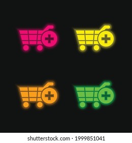 Añadir al carro de la compra E Símbolo de comercio cuatro colores brillante neón vectorial icono
