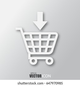 Add to shopping cart icon in white style with shadow isolated on grey background. For your design, logo. Vector illustration.