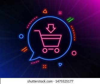 Add to Shopping cart line icon. Neon laser lights. Online buying sign. Supermarket basket symbol. Glow laser speech bubble. Neon lights chat bubble. Banner badge with online market icon. Vector