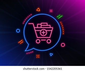 Add to Shopping cart line icon. Neon laser lights. Online buying sign. Supermarket basket symbol. Glow laser speech bubble. Neon lights chat bubble. Banner badge with add products icon. Vector