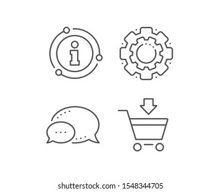 Add to Shopping cart line icon. Chat bubble, info sign elements. Online buying sign. Supermarket basket symbol. Linear online market outline icon. Information bubble. Vector