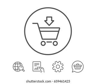 Add to Shopping cart line icon. Online buying sign. Supermarket basket symbol. Hold Report, Service and Global search line signs. Shopping cart icon. Editable stroke. Vector