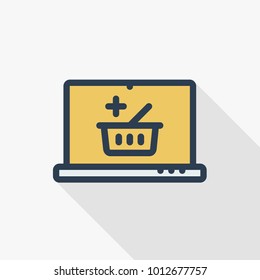 Add Shopping Cart with plus thin line flat color icon on laptop screen. Linear vector illustration. Pictogram isolated on white background. Colorful long shadow design.