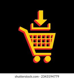 Add to Shopping cart sign. 3D Extruded Yellow Icon with Red Sides a Black background. Illustration.
