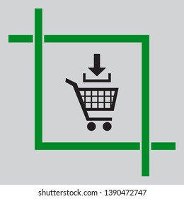 Add to Shopping cart sign. Black icon inside green crop tool at light gray background