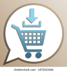Add to Shopping cart sign. Bright cerulean icon in white speech balloon at pale taupe background. Illustration.