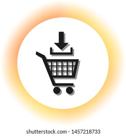 Add to Shopping cart sign. Dark icon with shadow on the glowing circle button. Illustration.