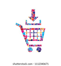 Add to Shopping cart sign. Vector. Stained glass icon on white background. Colorful polygons. Isolated.
