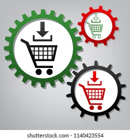 Add to Shopping cart sign. Vector. Three connected gears with icons at grayish background.