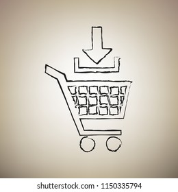 Add to Shopping cart sign. Vector. Brush drawed black icon at light brown background.