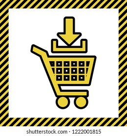 Add to Shopping cart sign. Vector. Warm yellow icon with black contour in frame named as under construction at white background. Isolated.
