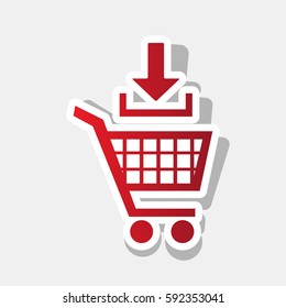 Add to Shopping cart sign. Vector. New year reddish icon with outside stroke and gray shadow on light gray background.