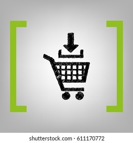 Add to Shopping cart sign. Vector. Black scribble icon in citron brackets on grayish background.