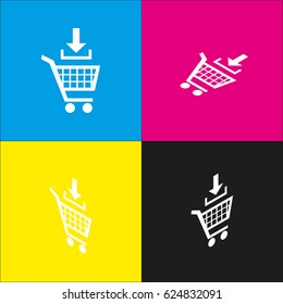 Add to Shopping cart sign. Vector. White icon with isometric projections on cyan, magenta, yellow and black backgrounds.