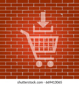 Add to Shopping cart sign. Vector. Whitish icon on brick wall as background.