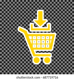 Add to Shopping cart sign. Vector. Yellow icon with white contour on dark transparent background.