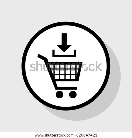 Add to Shopping cart sign. Vector. Flat black icon in white circle with shadow at gray background.