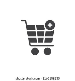 Add to shopping cart vector icon. filled flat sign for mobile concept and web design. Trolley with plus simple solid icon. Online shopping symbol, logo illustration. Pixel perfect vector graphics