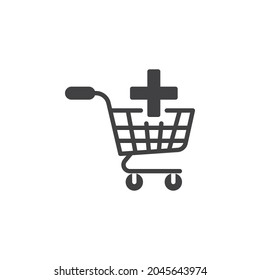 Add to shopping cart vector icon. filled flat sign for mobile concept and web design. Shopping cart with plus glyph icon. Symbol, logo illustration. Vector graphics