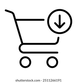 Agregar al ícono de Vector de Carrito de compras. Símbolo de la cesta de la tienda con el símbolo de flecha hacia abajo. Letrero de la tienda en línea. Esquema de línea ilustración simple.