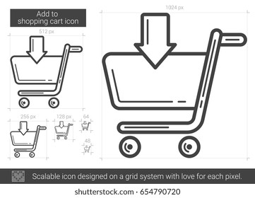 Añadir al icono de línea vectorial del carro de la compra aislado en fondo blanco. Añadir al icono de la línea del carrito de la compra para infografía, sitio web o aplicación. Icono escalable diseñado en un sistema de cuadrícula.