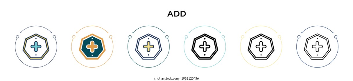 Add sign icon in filled, thin line, outline and stroke style. Vector illustration of two colored and black add sign vector icons designs can be used for mobile, ui, web