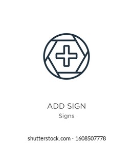 Add sign icon. Thin linear add sign outline icon isolated on white background from signs collection. Line vector sign, symbol for web and mobile