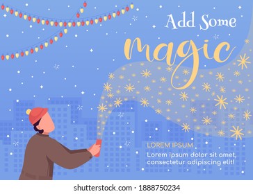 Add some magic poster flat vector template. Merry Christmas. Festive greeting. Brochure, booklet one page concept design with cartoon characters. Seasonal winter holiday celebration flyer, leaflet