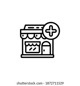 agregar estilo de línea de icono vectorial de almacén. Perfecto para sitio web, aplicación, comercio, presentación, logotipo y más. icono de contorno simple, delgado y moderno