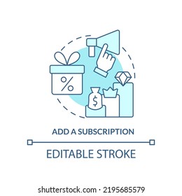 Add subscription turquoise concept icon. Regular purchase. Optimizing online business abstract idea thin line illustration. Isolated outline drawing. Editable stroke. Arial, Myriad Pro-Bold fonts used