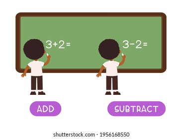 Add and subtract antonyms word card,  opposites concept. Flashcard for English language learning. Little African schoolboy writes a mathematical example on the blackboard