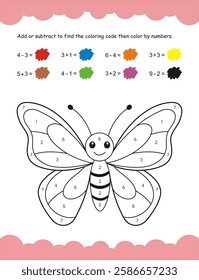 Add and subtract, find and color, color by numbers, coloring worksheet
for kids. Designed for pre primary, nursery and kindergarten.