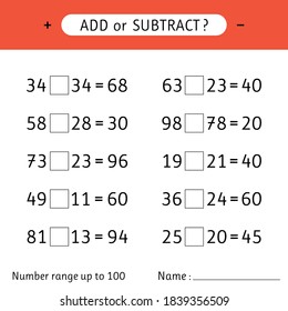 Add or subtract. Number range up to 100. Mathematical exercises. Addition and subtraction. Worksheet for kids. Vector illustration