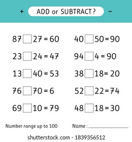 Add or subtract. Number range up to 100. Addition and subtraction. Worksheets for kids. Mathematical exercises. Vector illustration